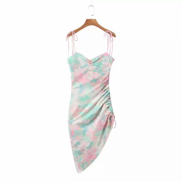 Dresses & Skirts - Shoulder tie dye satin silk midi ruched dress